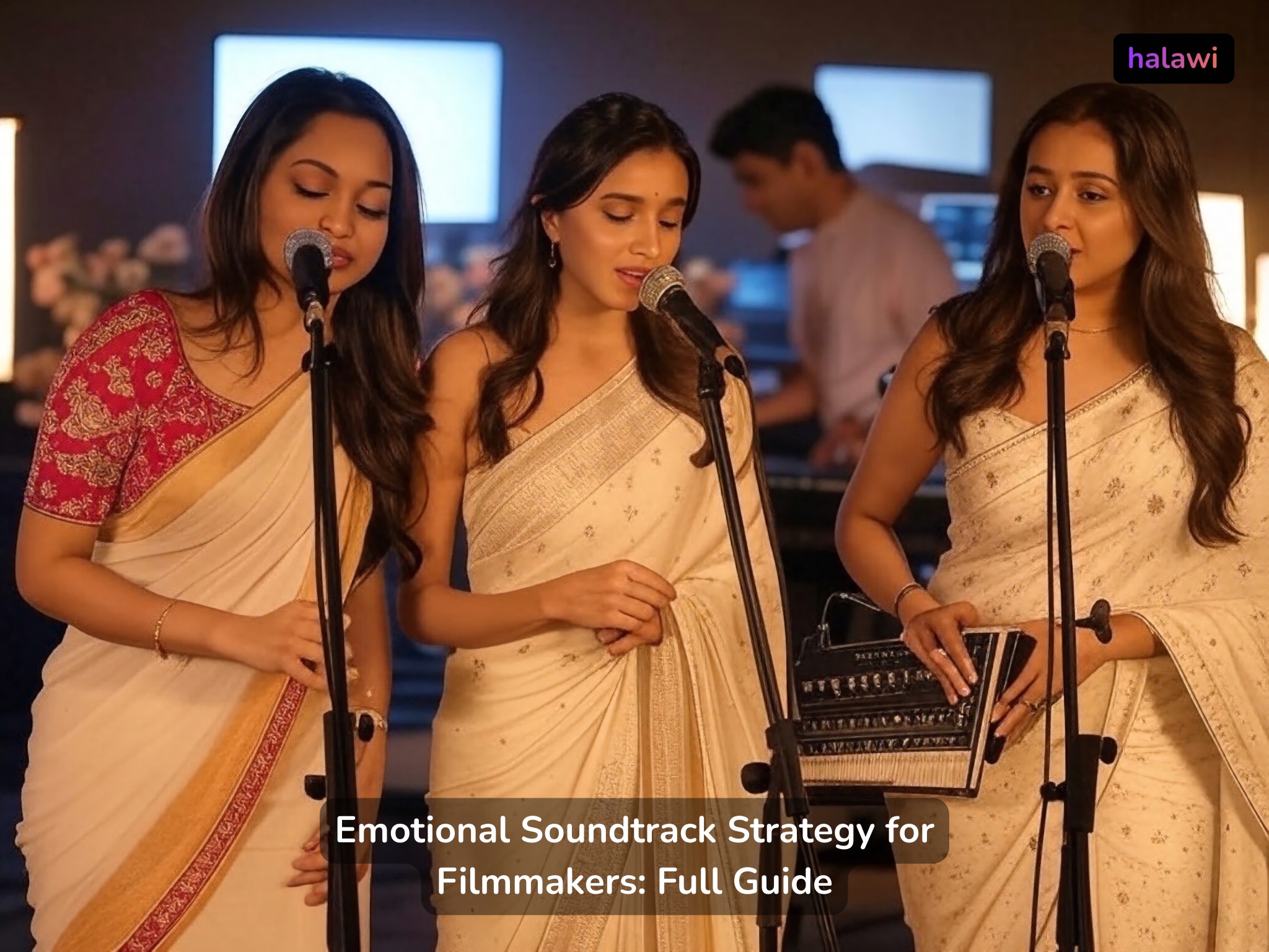 Three women dressed in traditional sarees singing into microphones, with one playing a harmonium, symbolizing the emotional and cultural integration of music in Indian cinema.