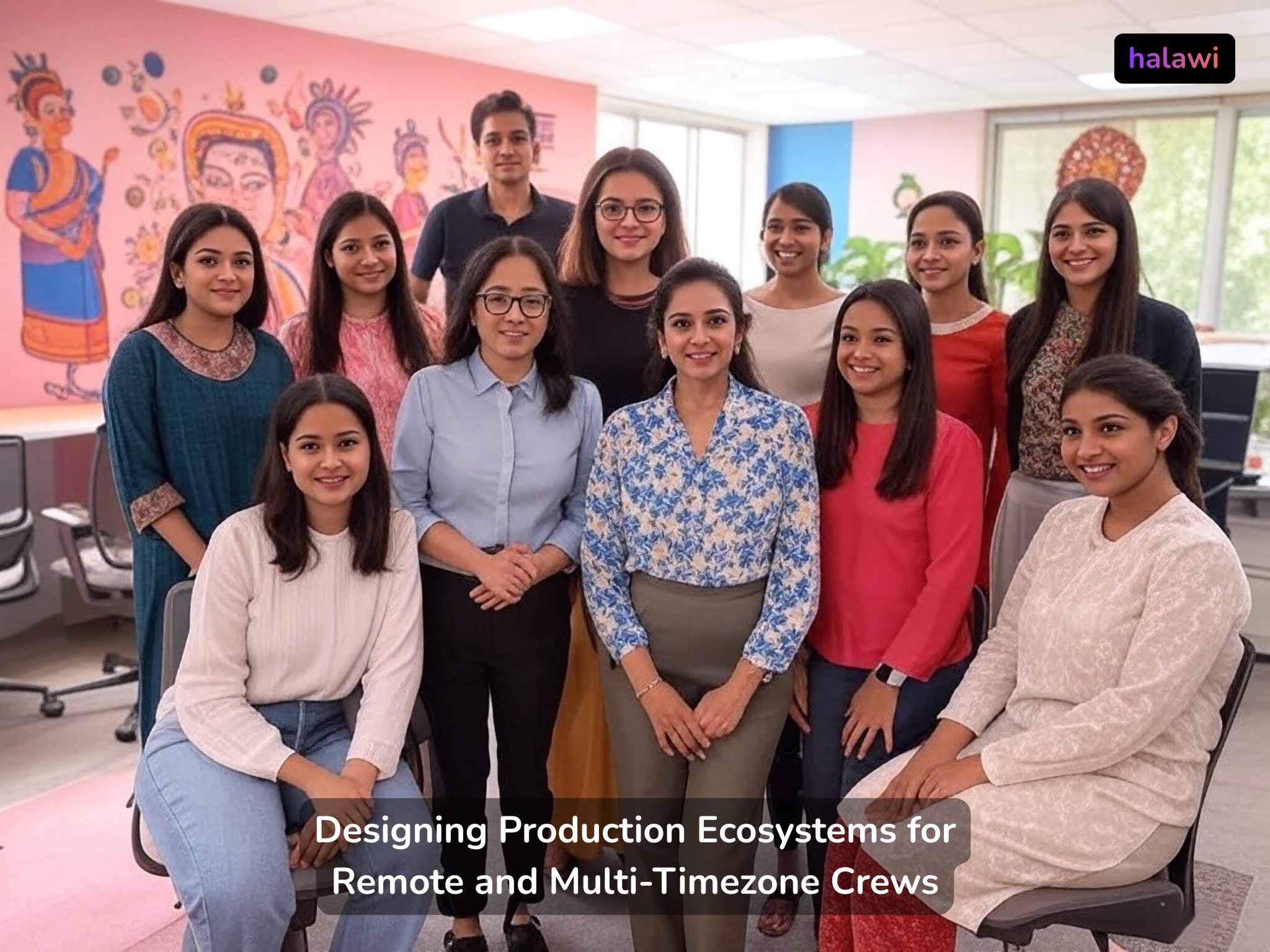 Team of professionals working together in a modern, vibrant office, highlighting remote and cross-timezone collaboration.