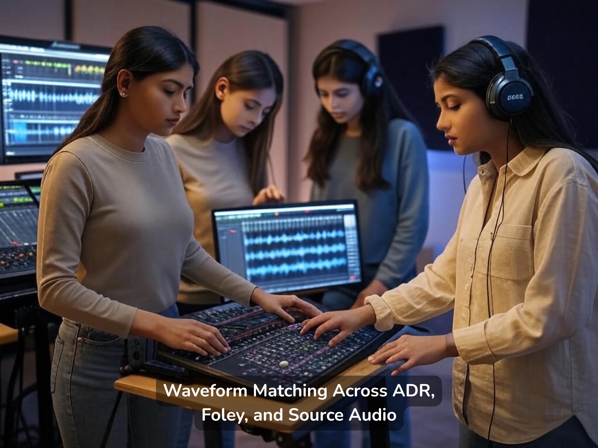 Three young Indian women collaborating in an audio post-production studio, aligning Foley and ADR waveforms on professional software.