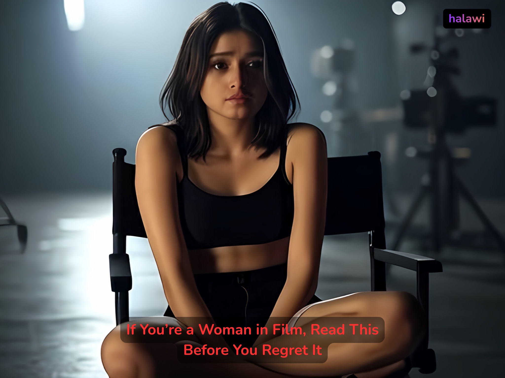 Young actress sitting alone on a dark film set, caught between ambition and fear — a haunting portrait of exploitation in Bollywood.